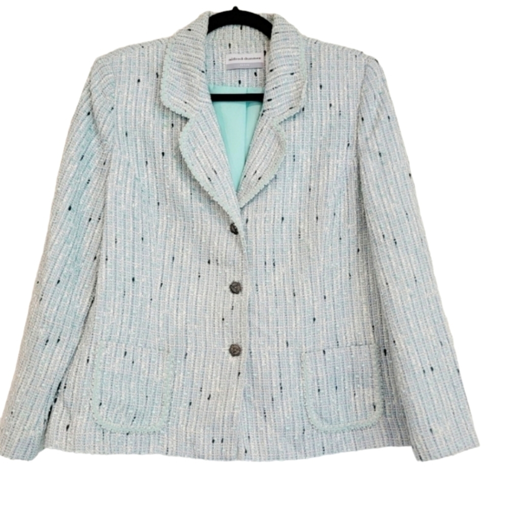 Alfred Dunner Blue White Aqua Boucle Tweed Suit Blazer Jacket 14 Petite - Picture 2 of 15